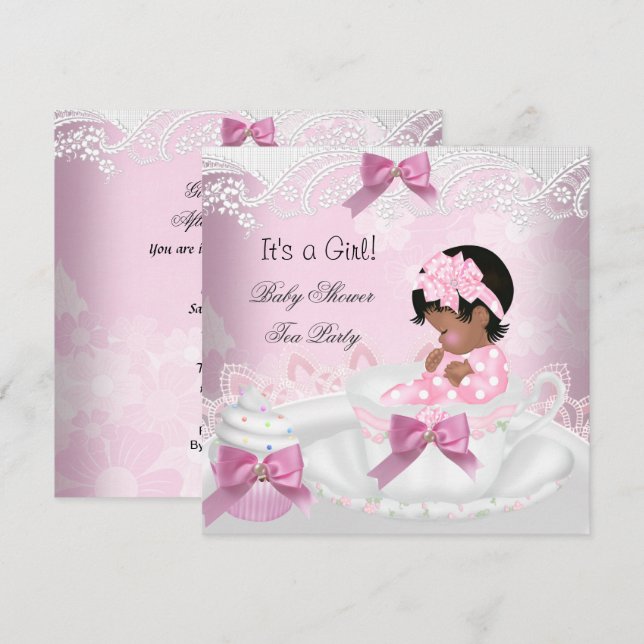 Convite Chá de Bebê Menina Afro-Americana Rosa Bebê Xícara (Frente/Verso)