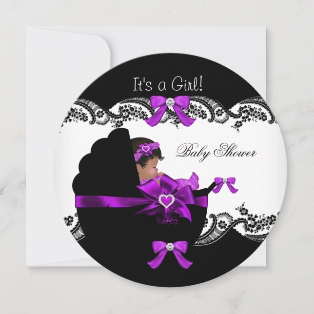 Convite Chá de Bebê Menina Afro-Americana Roxo Rosa (Frente)