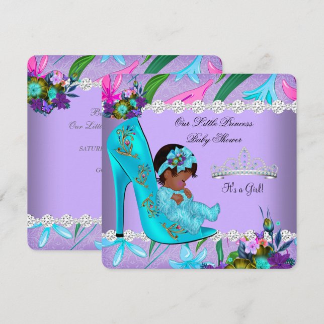 Convite Chá de Bebê Menina Afro-Americano Azul Turquesa Ro (Frente/Verso)
