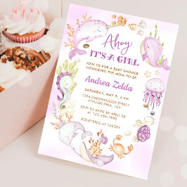 Convite Chá de Bebê Menina Ahoy Azul Sob o Mar