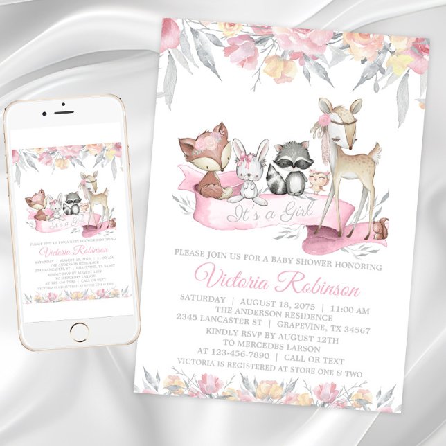 Convite Chá de Bebê Menina Animais da Floresta (Girls sweet woodland baby shower invitation. Instant download and printed invitations available.)
