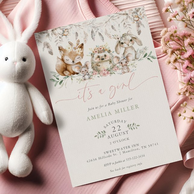 Convite Chá de Bebê Menina Animal Floresta Boho Fofo (Cute Boho Woodland Forest Animal Girl Baby Shower Invitation)