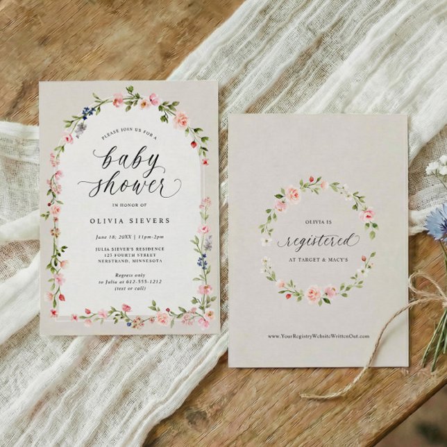 Convite Chá de Bebê Menina Arco Floral Aquarela Rosa Bege (Beige baby girl shower invitation with watercolor floral arch and soft vintage style)