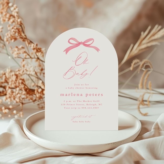 Convite Chá de Bebê Menina Arco Rosa Elegante (Simple hand painted pink bow script girls baby shower invitation.)
