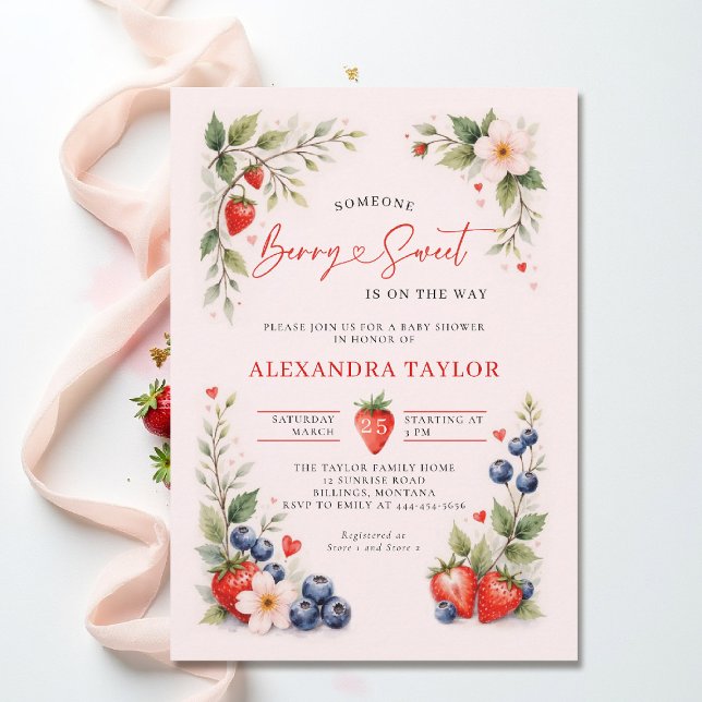 Convite Chá de Bebê Menina Arte Botânica Doce como Frutas (berry sweet baby shower invitation fruit strawberry theme art watercolor summer garden)