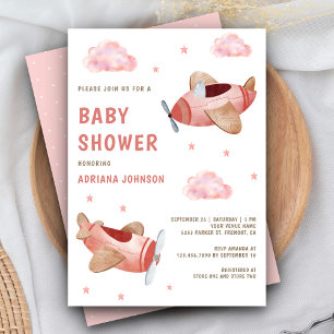 Convite Chá de Bebê Menina Aviões Rosa Vintage Retro Fofo