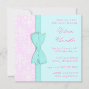 Convite Chá de Bebê Menina Azul Teal Rosa Damasco Elegante