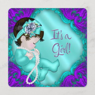 Convite Chá de Bebê Menina Azul Turquesa e Roxo