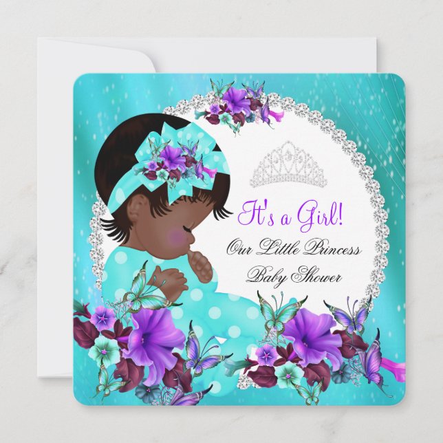 Convite Chá de Bebê Menina Azul Turquesa Roxo Floral (Frente)