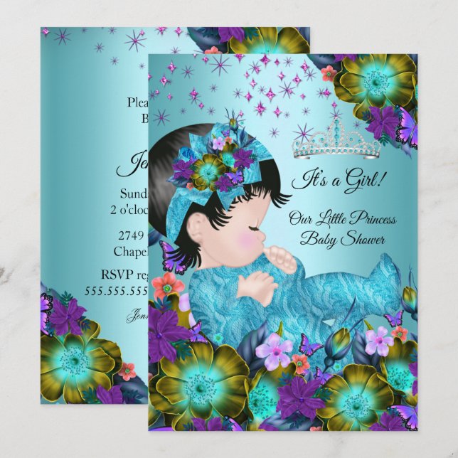 Convite Chá de Bebê Menina Azul Turquesa Roxo Floral (Frente/Verso)