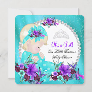 Convite Chá de Bebê Menina Azul Turquesa Roxo Floral 3