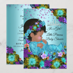 Convite Chá de Bebê Menina Azul Turquesa Roxo Floral Étnic