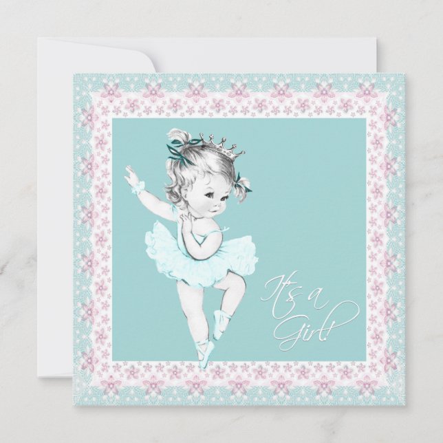 Convite Chá de Bebê Menina Bailarina Rosa Azul (Frente)