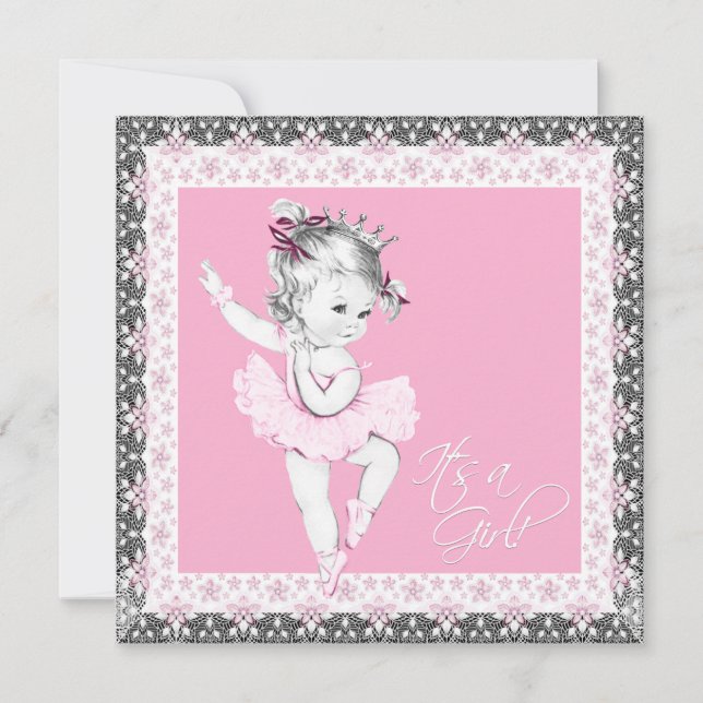 Convite Chá de Bebê Menina Bailarina Rosa e Cinza (Frente)