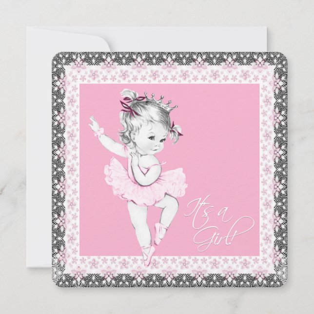 Convite Chá de Bebê Menina Bailarina Rosa e Cinza (Frente)