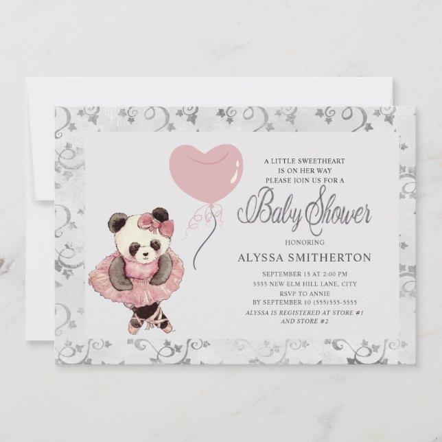 Convite Chá de Bebê Menina Bailarina Urso Panda Fofo (Frente)