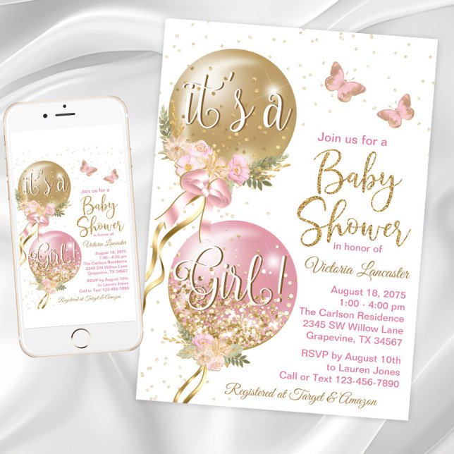 Convite Chá de Bebê Menina Balão (Girl balloon and butterfly pink and gold baby shower invitation. Digital and printed available.)
