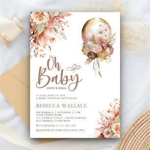 Convite Chá de Bebê Menina Balão Floral Boho Terroso