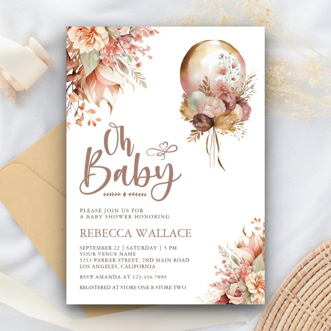 Convite Chá de Bebê Menina Balão Floral Boho Terroso (Criador carregado)