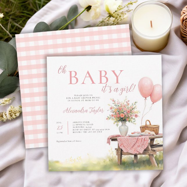 Convite Chá de Bebê Menina Balões Flores Silvestres Piquen (picnic baby shower invitation card template summer floral balloons wildflowers backyard outdoors 2)