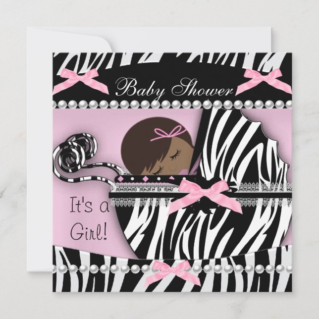 Convite Chá de Bebê Menina Bebê Fofo Estampa de Zebra Rosa (Frente)