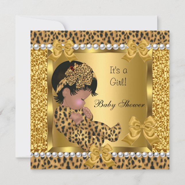 Convite Chá de Bebê Menina Bebê Fofo Leopardo Dourado 2 (Frente)