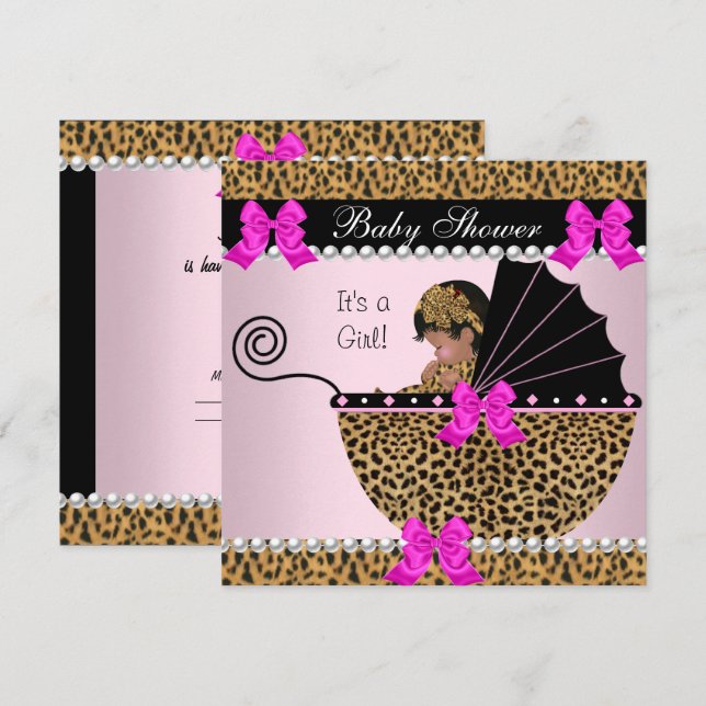 Convite Chá de Bebê Menina Bebê Fofo Leopardo Rosa Vibrant (Frente/Verso)