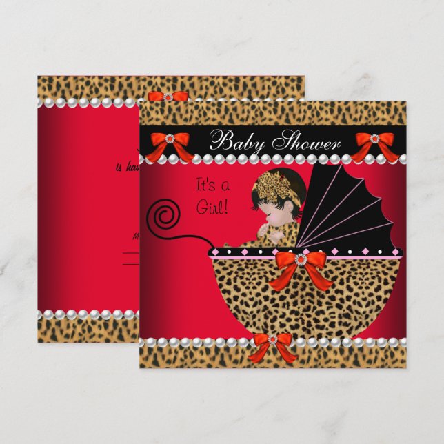Convite Chá de Bebê Menina Bebê Fofo Leopardo Vermelho Laç (Frente/Verso)