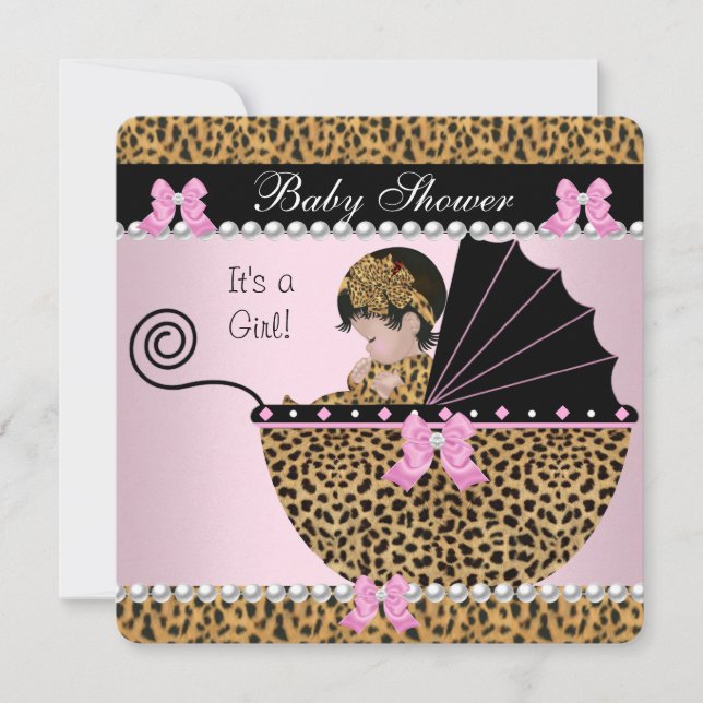 Convite Chá de Bebê Menina Bebê Fofo Rosa Arco Leopardo 2 (Frente)