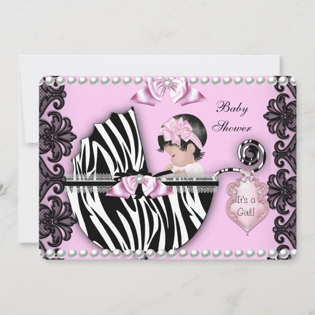 Convite Chá de Bebê Menina Bebê Fofo Rosa Zebra Carrinho 2 (Frente)