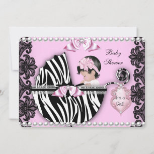 Convite Chá de Bebê Menina Bebê Fofo Rosa Zebra Carrinho 2