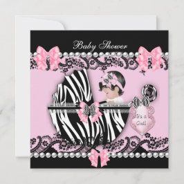 Convite Chá de Bebê Menina Bebê Fofo Rosa Zebra Renda 2