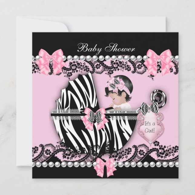 Convite Chá de Bebê Menina Bebê Fofo Rosa Zebra Renda 2 (Frente)
