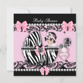 Convite Chá de Bebê Menina Bebê Fofo Rosa Zebra Renda 2
