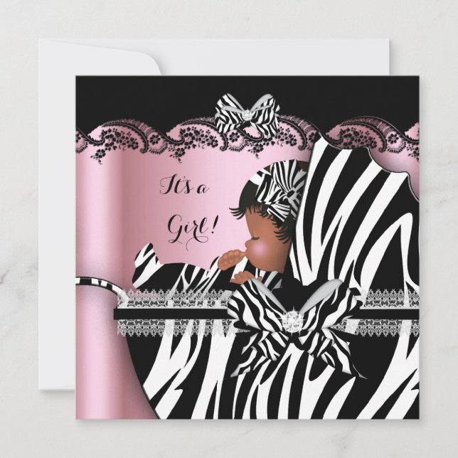 Convite Chá de Bebê Menina Bebê Fofo Zebra Rosa Carrinho d (Frente)