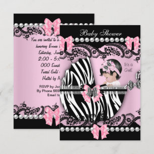 Convite Chá de Bebê Menina Bebê Fofo Zebra Rosa Renda