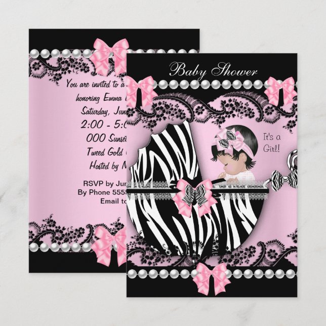 Convite Chá de Bebê Menina Bebê Fofo Zebra Rosa Renda (Frente/Verso)