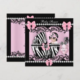 Convite Chá de Bebê Menina Bebê Fofo Zebra Rosa Renda