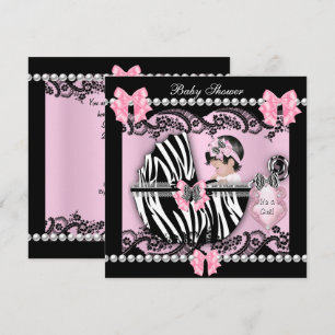 Convite Chá de Bebê Menina Bebê Fofo Zebra Rosa Renda