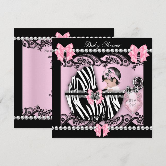Convite Chá de Bebê Menina Bebê Fofo Zebra Rosa Renda (Frente/Verso)