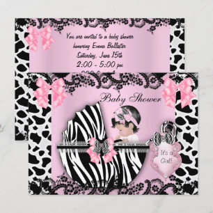 Convite Chá de Bebê Menina Bebê Fofo Zebra Rosa Renda 3