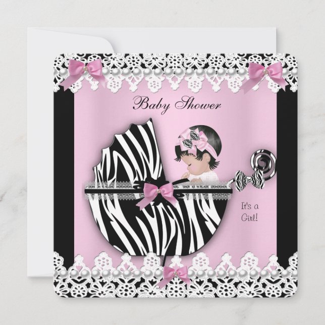 Convite Chá de Bebê Menina Bebê Fofo Zebra Rosa Renda a (Frente)