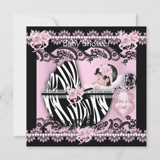 Convite Chá de Bebê Menina Bebê Fofo Zebra Rosa Renda NOVO (Frente)