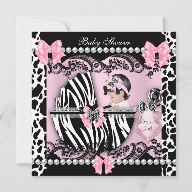 Convite Chá de Bebê Menina Bebê Fofo Zebra Vaca Renda Rosa (Frente)