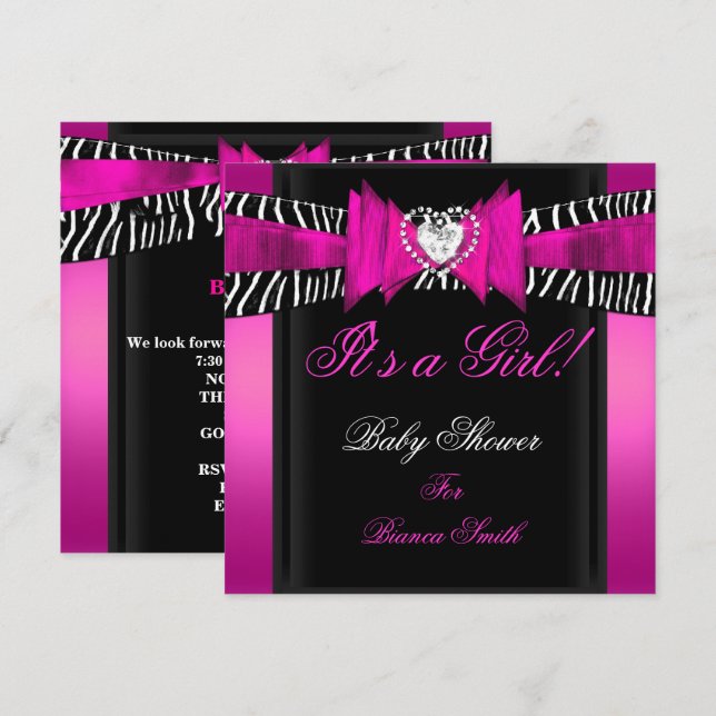 Convite Chá de Bebê Menina Bebê Rosa Quente Preto Zebra (Frente/Verso)