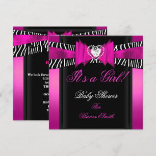 Convite Chá de Bebê Menina Bebê Rosa Quente Preto Zebra