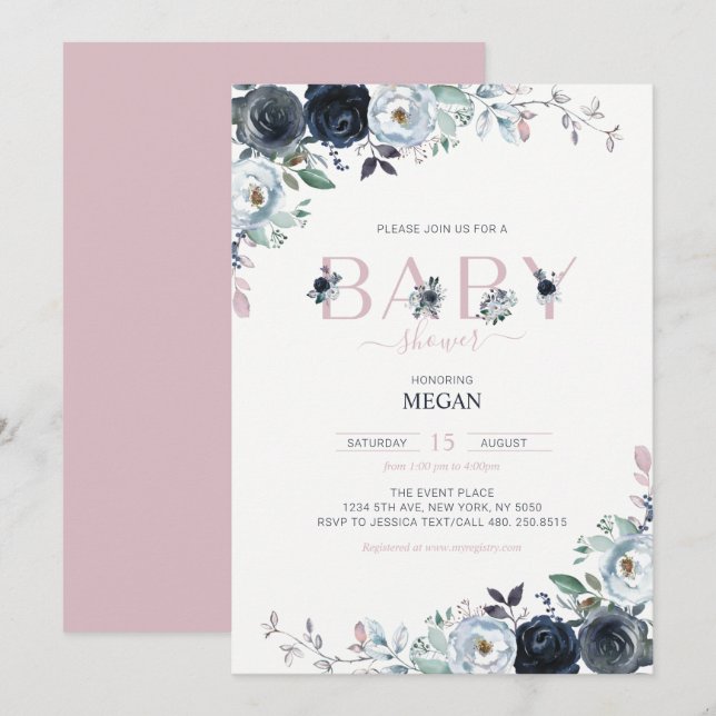 Convite Chá de Bebê Menina Boho Floral Rosa e Azul-Marinho (Frente/Verso)