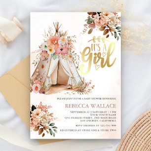 Convite Chá de Bebê Menina Boho Floral Tribal Teepee