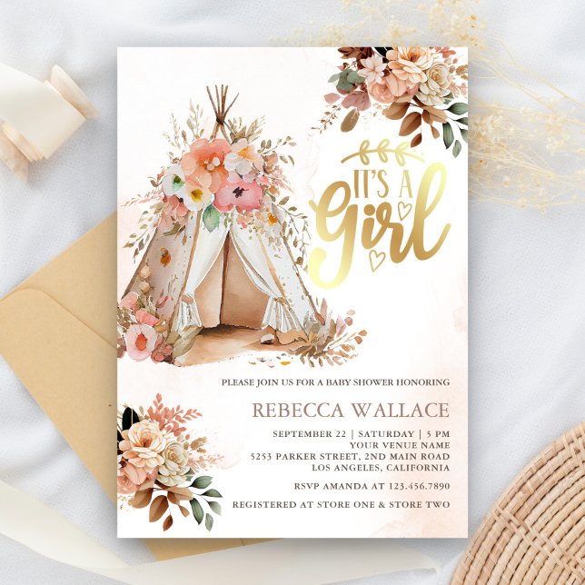 Convite Chá de Bebê Menina Boho Floral Tribal Teepee (Criador carregado)