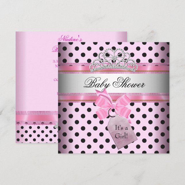 Convite Chá de Bebê Menina Bolinhas Rosa Princesa Preto (Frente/Verso)